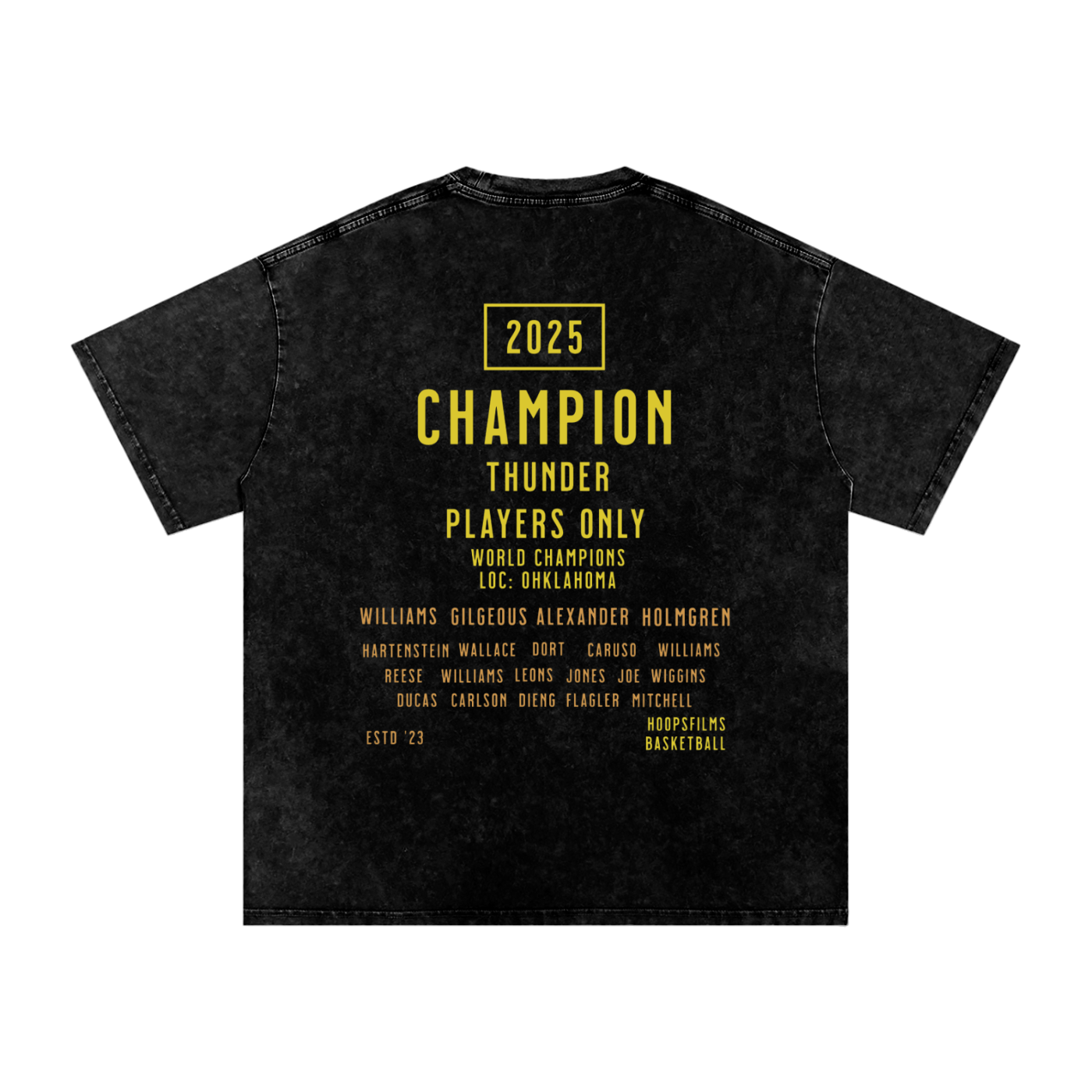 Black t-shirt with yellow text on a white background