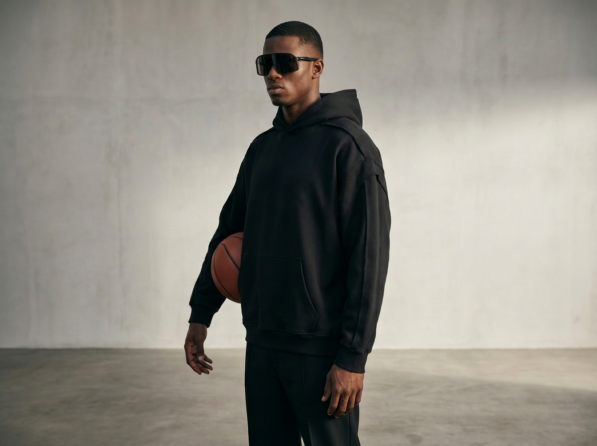 Man in black hoodie and sunglasses holding a basketball against a plain background